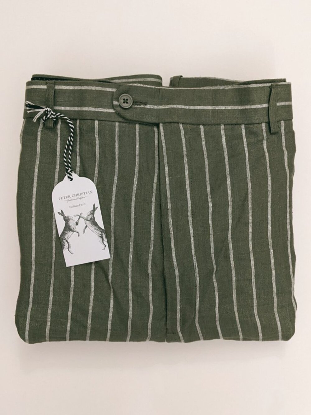 Peter Christian | Green Linen Flat Front Striped Shorts | Waist 50